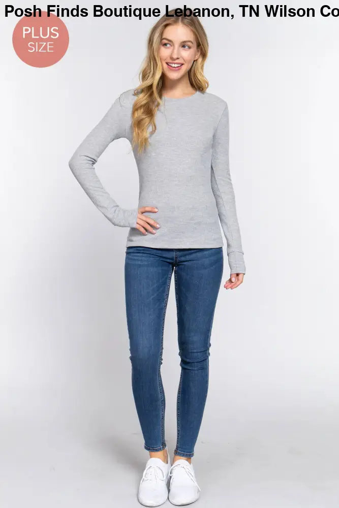 Plus Long Sleeve Crew Neck Thermal Knit Top: White - Posh Finds