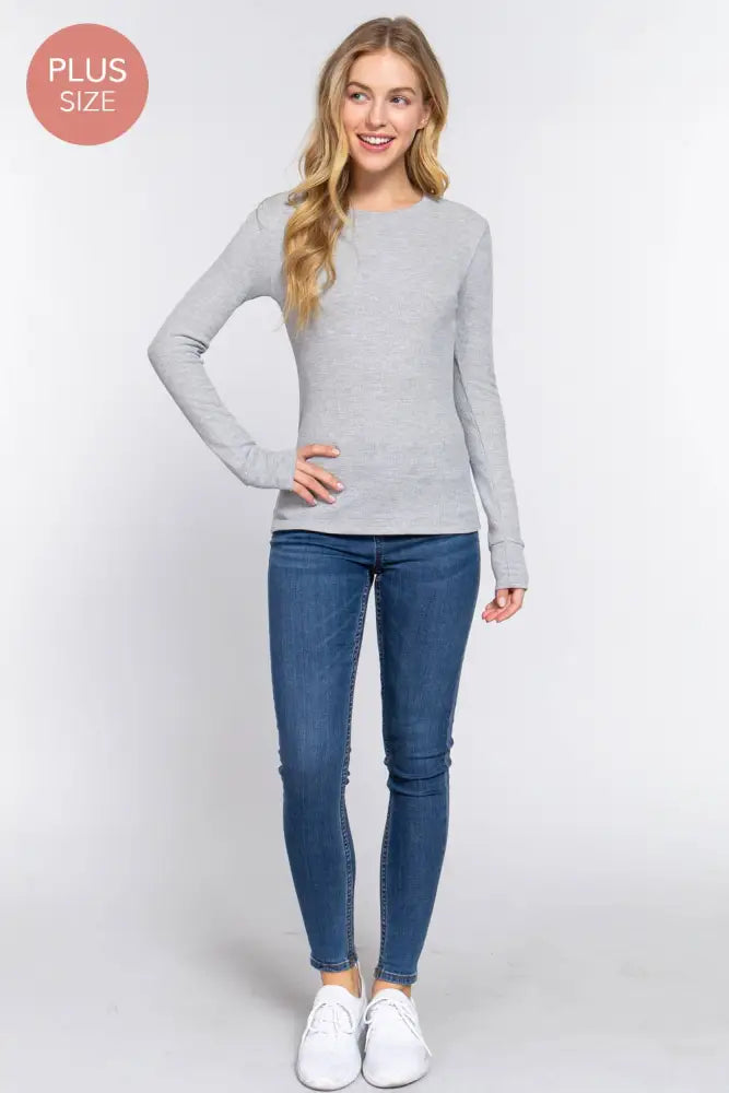 Plus Long Sleeve Crew Neck Thermal Knit Top: White - Posh Finds