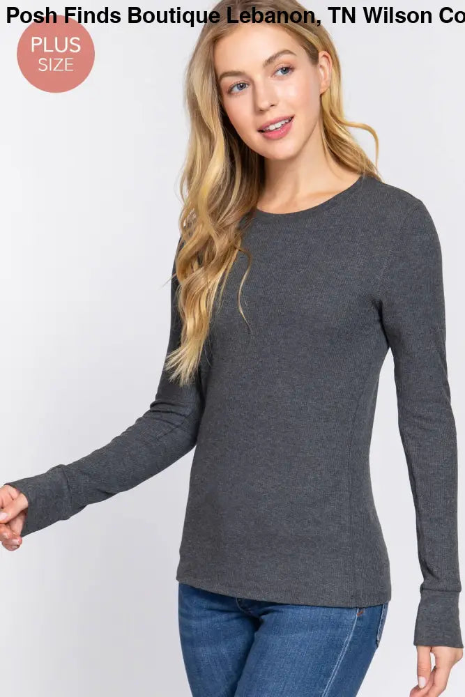 Plus Long Sleeve Crew Neck Thermal Knit Top: White - Posh Finds