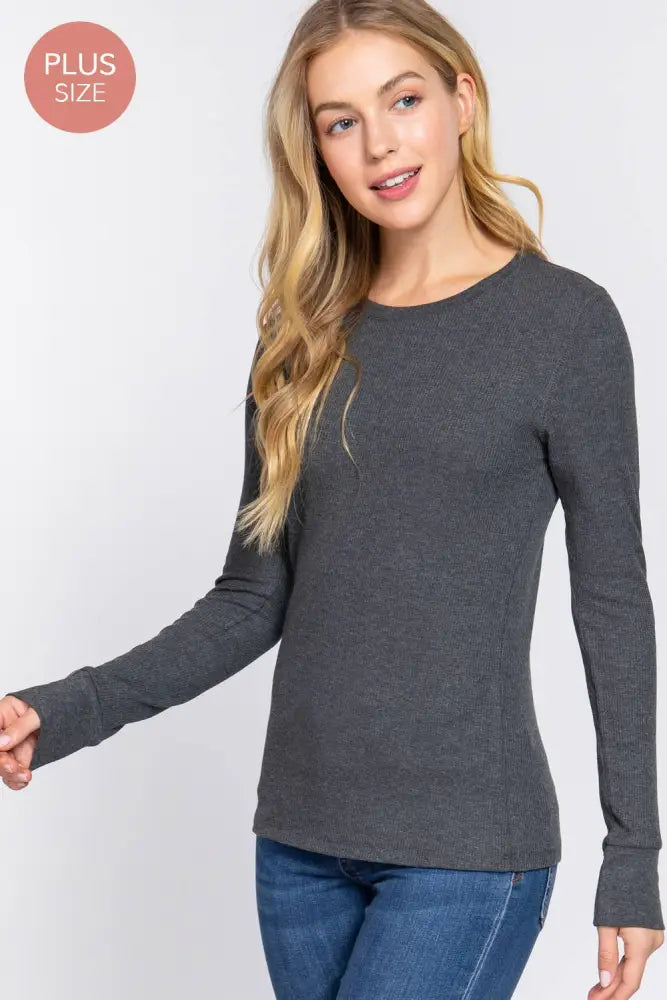 Plus Long Sleeve Crew Neck Thermal Knit Top: White - Posh Finds