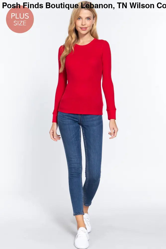 Plus Long Sleeve Crew Neck Thermal Knit Top: White - Posh Finds
