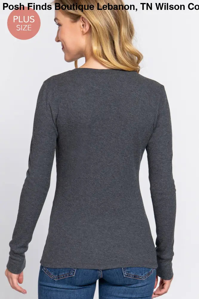 Plus Long Sleeve Crew Neck Thermal Knit Top: White - Posh Finds