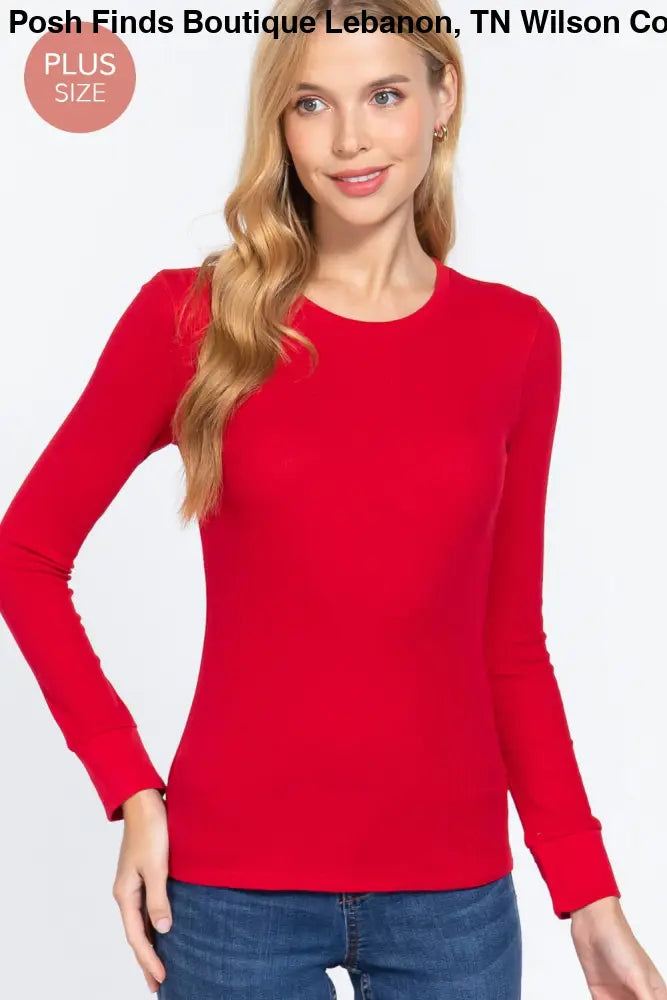 Plus Long Sleeve Crew Neck Thermal Knit Top: White - Posh Finds