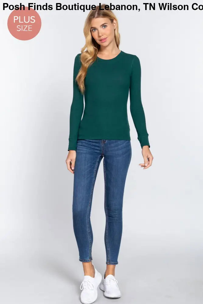 Plus Long Sleeve Crew Neck Thermal Knit Top: White - Posh Finds