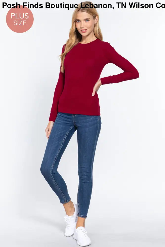 Plus Long Sleeve Crew Neck Thermal Knit Top: White - Posh Finds