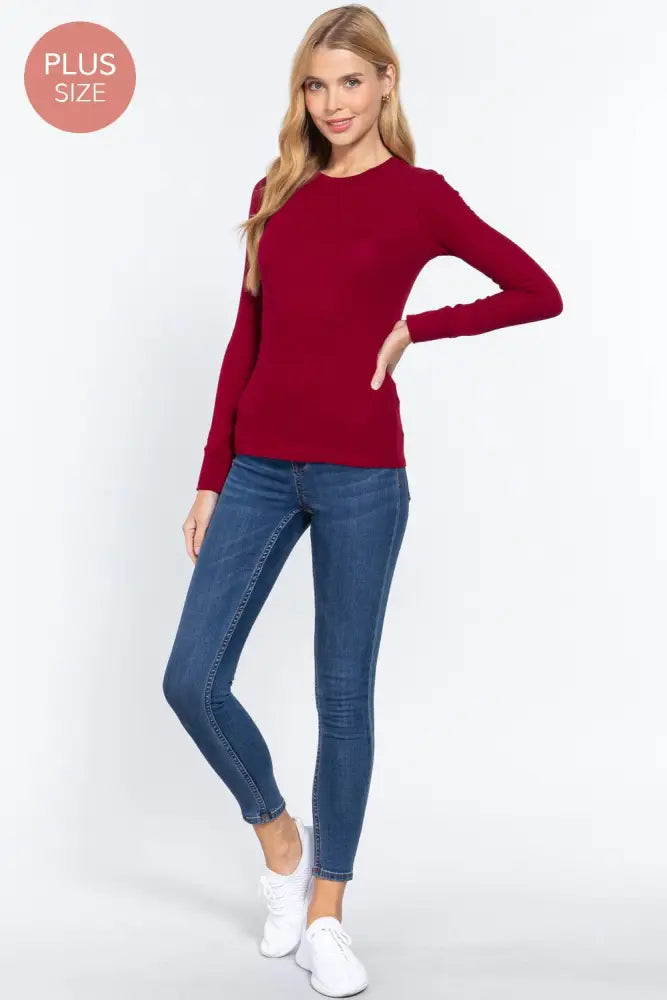 Plus Long Sleeve Crew Neck Thermal Knit Top: White - Posh Finds