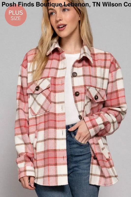 Plus Long Sleeve Wool Blend Plaid Button Down Jacket: Pink - Posh Finds