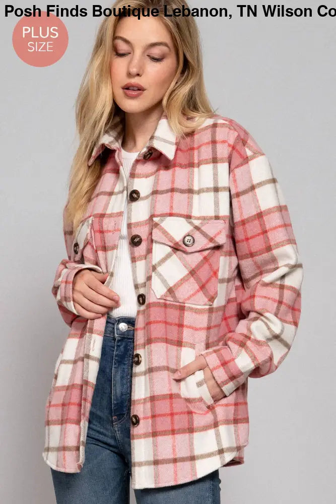 Plus Long Sleeve Wool Blend Plaid Button Down Jacket: Pink - Posh Finds