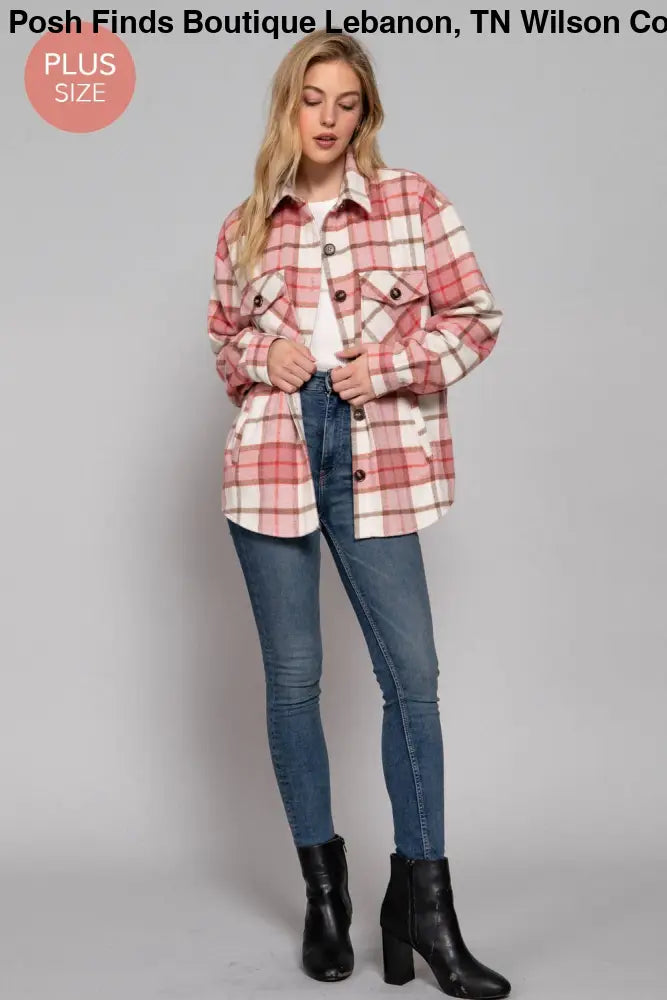Plus Long Sleeve Wool Blend Plaid Button Down Jacket: Pink - Posh Finds
