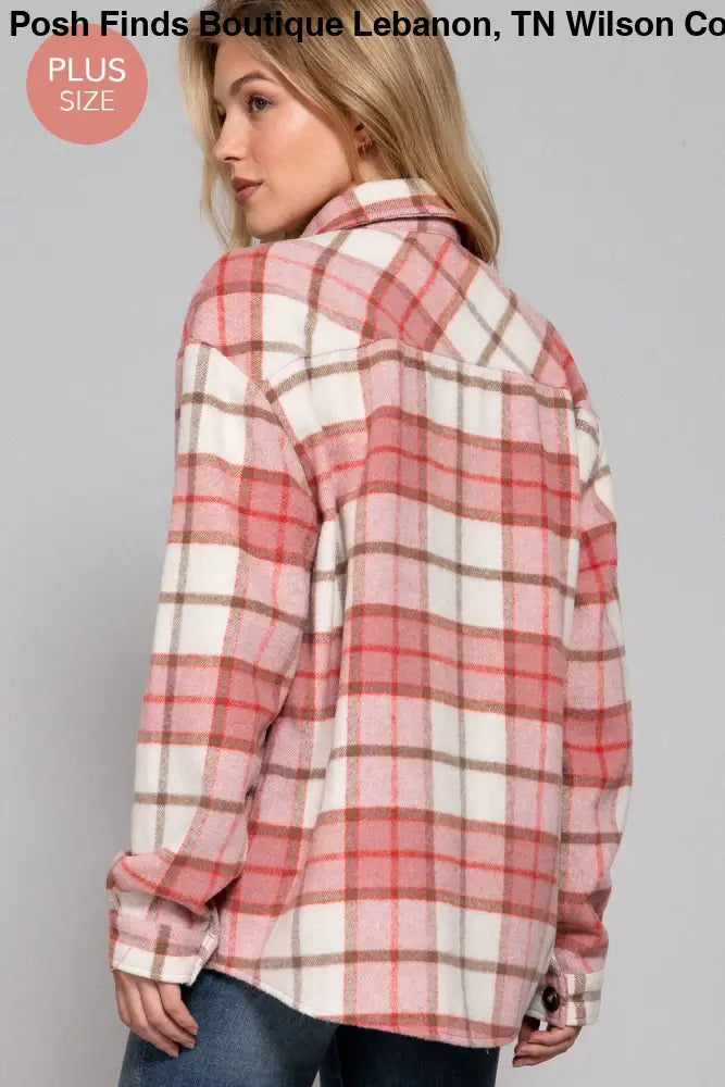 Plus Long Sleeve Wool Blend Plaid Button Down Jacket: Pink - Posh Finds