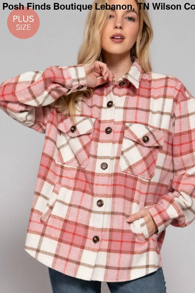Plus Long Sleeve Wool Blend Plaid Button Down Jacket: Pink - Posh Finds