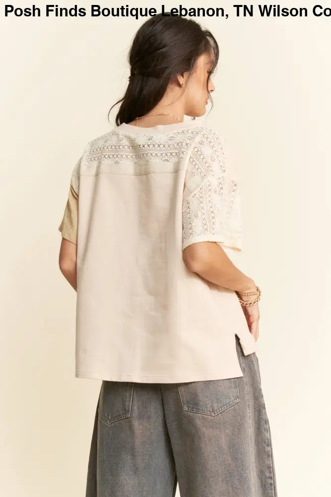 PLUS PATCH WORK MULTI BODICE SHORT SLEEVE TOP: NATURAL MULTI / 1XL - Posh Finds