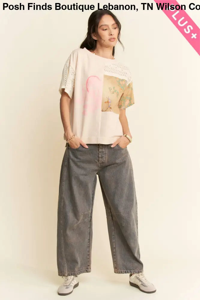 PLUS PATCH WORK MULTI BODICE SHORT SLEEVE TOP: NATURAL MULTI / 1XL - Posh Finds