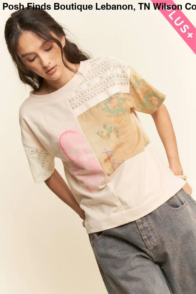 PLUS PATCH WORK MULTI BODICE SHORT SLEEVE TOP: NATURAL MULTI / 1XL - Posh Finds