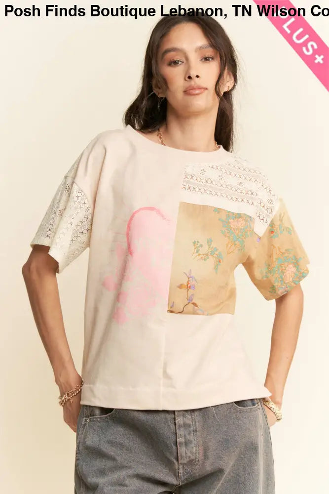 PLUS PATCH WORK MULTI BODICE SHORT SLEEVE TOP: NATURAL MULTI / 1XL - Posh Finds