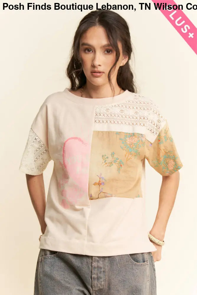 PLUS PATCH WORK MULTI BODICE SHORT SLEEVE TOP: NATURAL MULTI / 1XL - Posh Finds