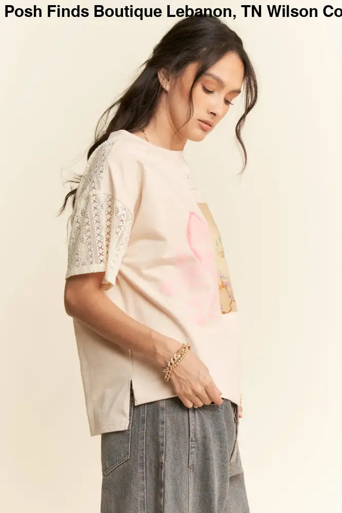 PLUS PATCH WORK MULTI BODICE SHORT SLEEVE TOP: NATURAL MULTI / 1XL - Posh Finds
