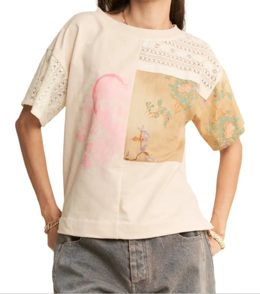 PLUS PATCH WORK MULTI FABRIC BODICE SHORT SLEEVE TOP - Posh Finds