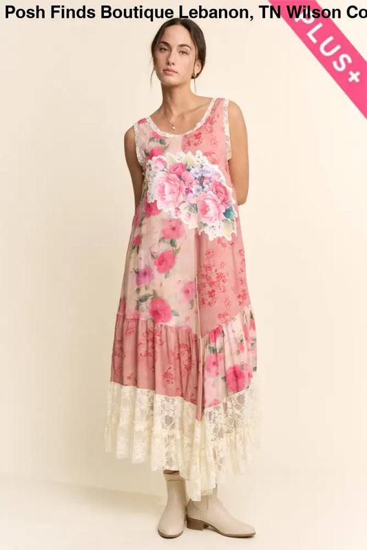 PLUS PRINT FLOWER PATCHWORK LACE TIERED DRESS: Pink Multi / 2XL