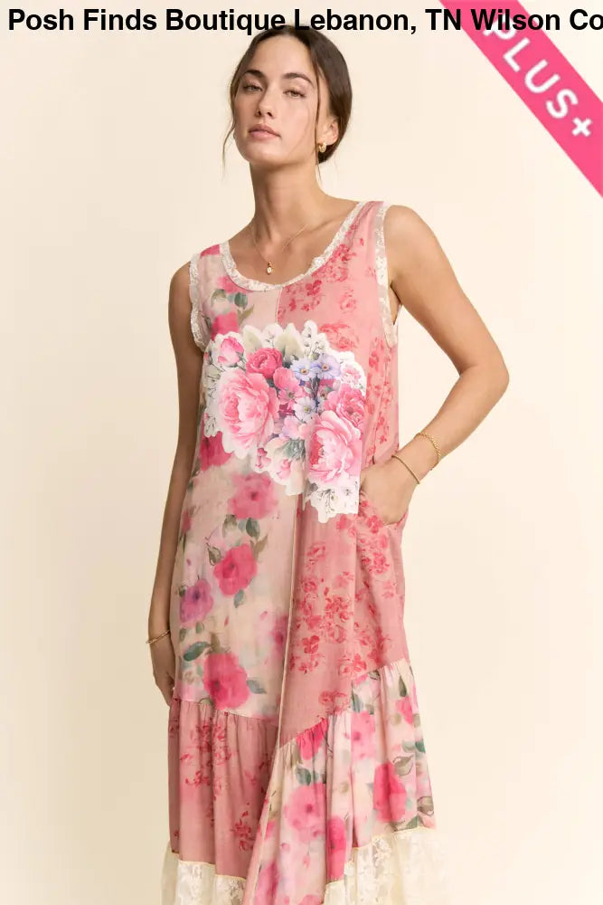 PLUS PRINT FLOWER PATCHWORK LACE TIERED DRESS: Pink Multi / 2XL