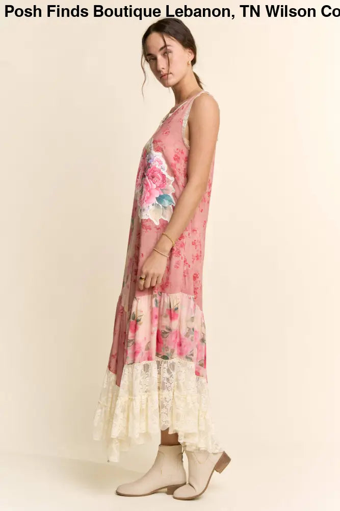 PLUS PRINT FLOWER PATCHWORK LACE TIERED DRESS: Pink Multi / 2XL