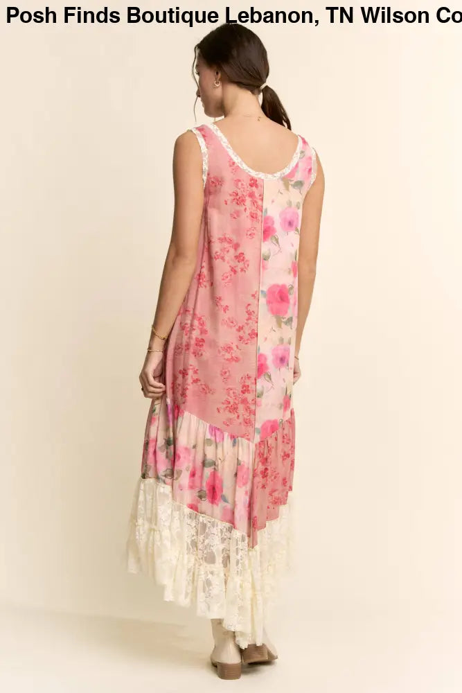 PLUS PRINT FLOWER PATCHWORK LACE TIERED DRESS: Pink Multi / 2XL