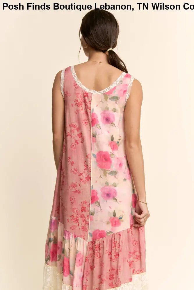 PLUS PRINT FLOWER PATCHWORK LACE TIERED DRESS: Pink Multi / 2XL