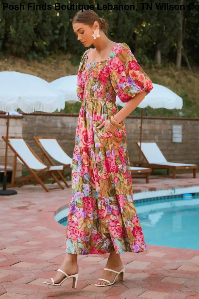 Plus Printed Maxi Dress With Short Bubble Sleeve: Olive Garden / XL - Posh Finds