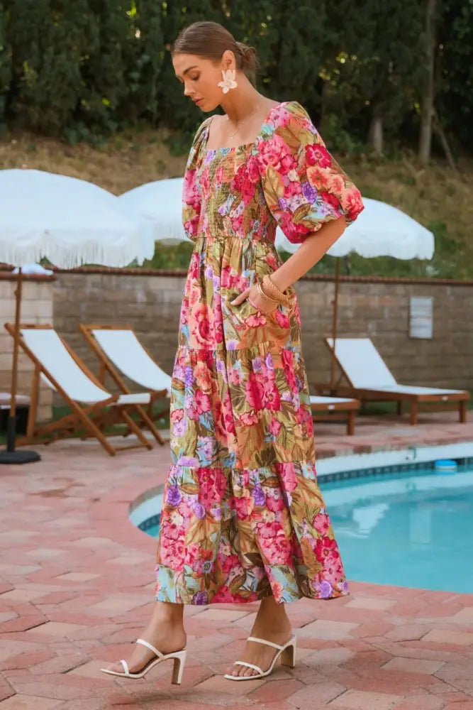 Plus Printed Maxi Dress With Short Bubble Sleeve: Olive Garden / XL - Posh Finds