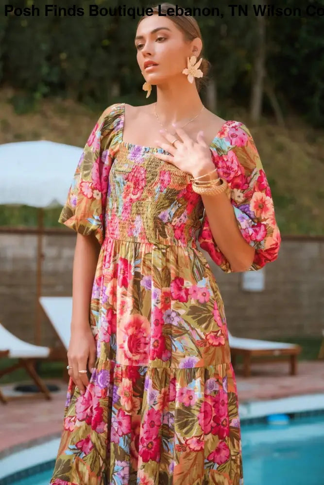 Plus Printed Maxi Dress With Short Bubble Sleeve: Olive Garden / XL - Posh Finds