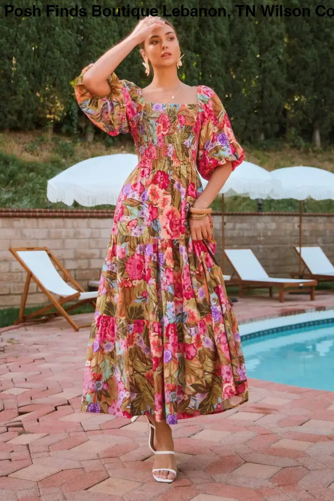 Plus Printed Maxi Dress With Short Bubble Sleeve: Olive Garden / XL - Posh Finds