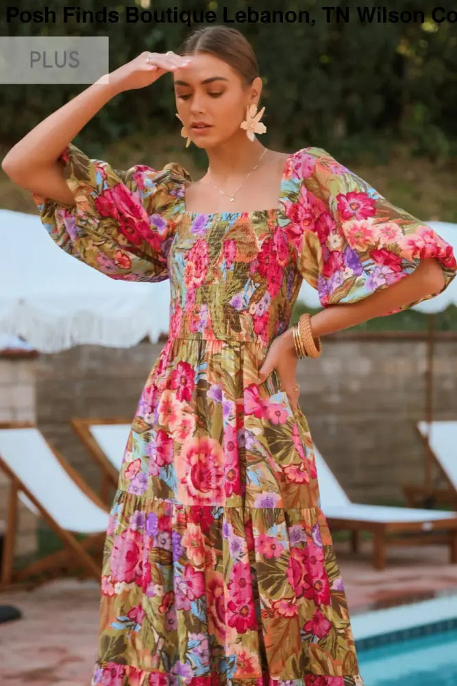 Plus Printed Maxi Dress With Short Bubble Sleeve: Olive Garden / XL - Posh Finds