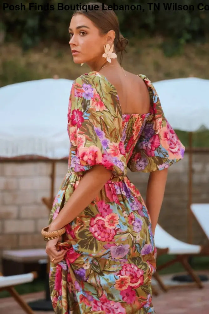 Plus Printed Maxi Dress With Short Bubble Sleeve: Olive Garden / XL - Posh Finds