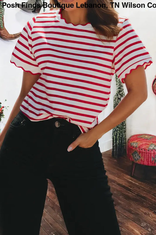 Plus Red Stripe Scalloped Trim Round Neck T Shirt - Women > Tops