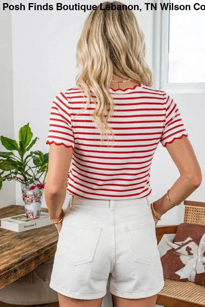 Plus Red Stripe Scalloped Trim Round Neck T Shirt - Women > Tops