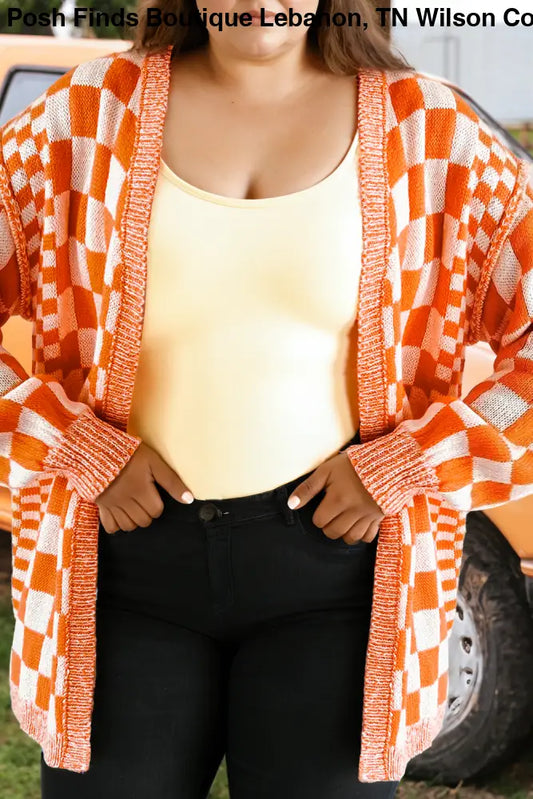 Plus Size Checkered Bubble Sleeve Drop Shoulder Cardigan: Orange - Posh Finds