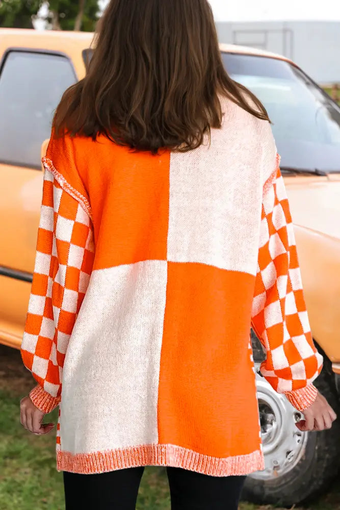 Plus Size Checkered Bubble Sleeve Drop Shoulder Cardigan: Orange - Posh Finds