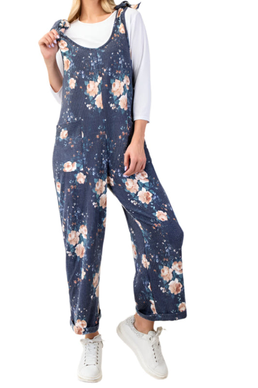 PLUS SIZE FLORAL PRINT JUMPSUIT NAVY - Posh Finds