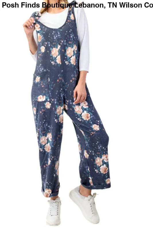 PLUS SIZE FLORAL PRINT JUMPSUIT NAVY - Posh Finds