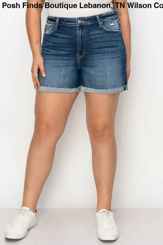 PLUS SIZE - HIGH RISE STRETCH MIDI CUFF SHORT: DARK / 16