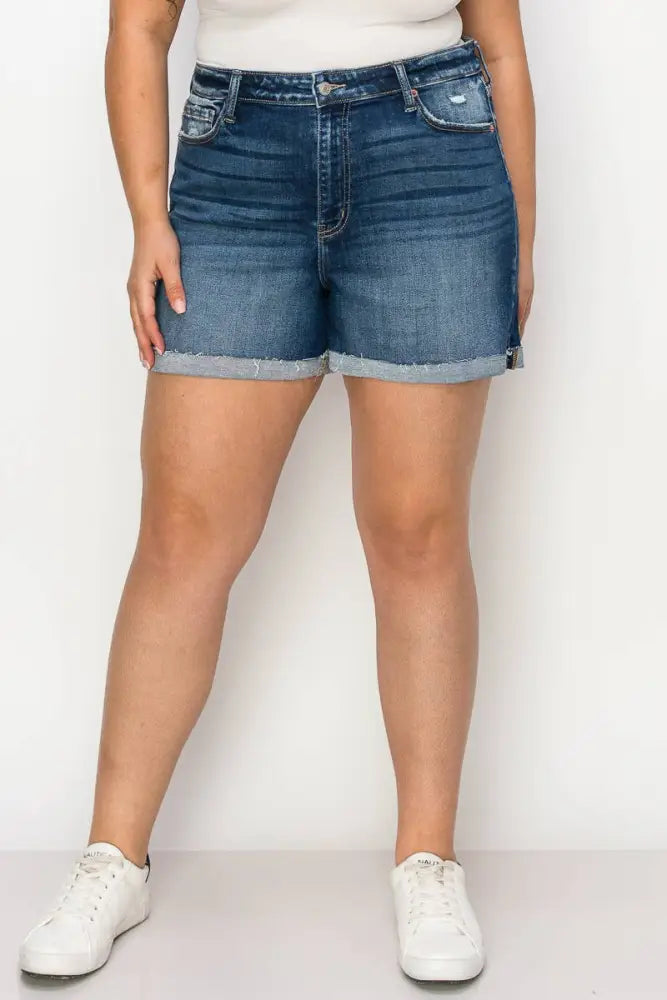 PLUS SIZE - HIGH RISE STRETCH MIDI CUFF SHORT: DARK / 16
