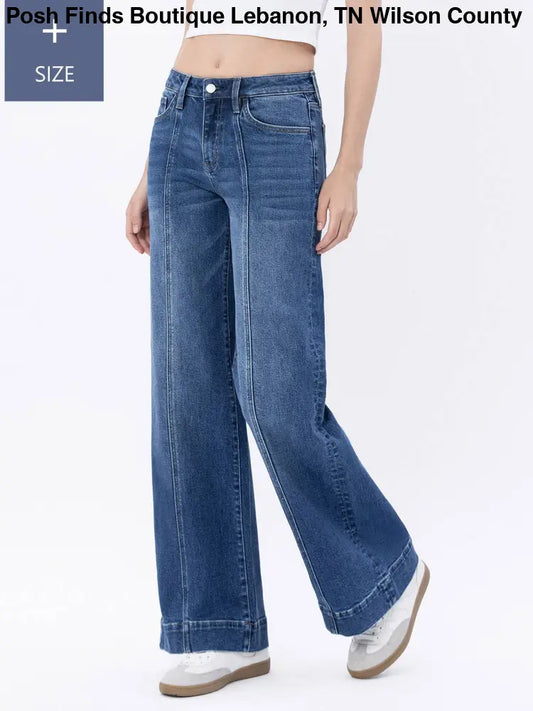 PLUS SIZE HIGH RISE TROUSER HEM WIDE LEG JEANS - Posh Finds