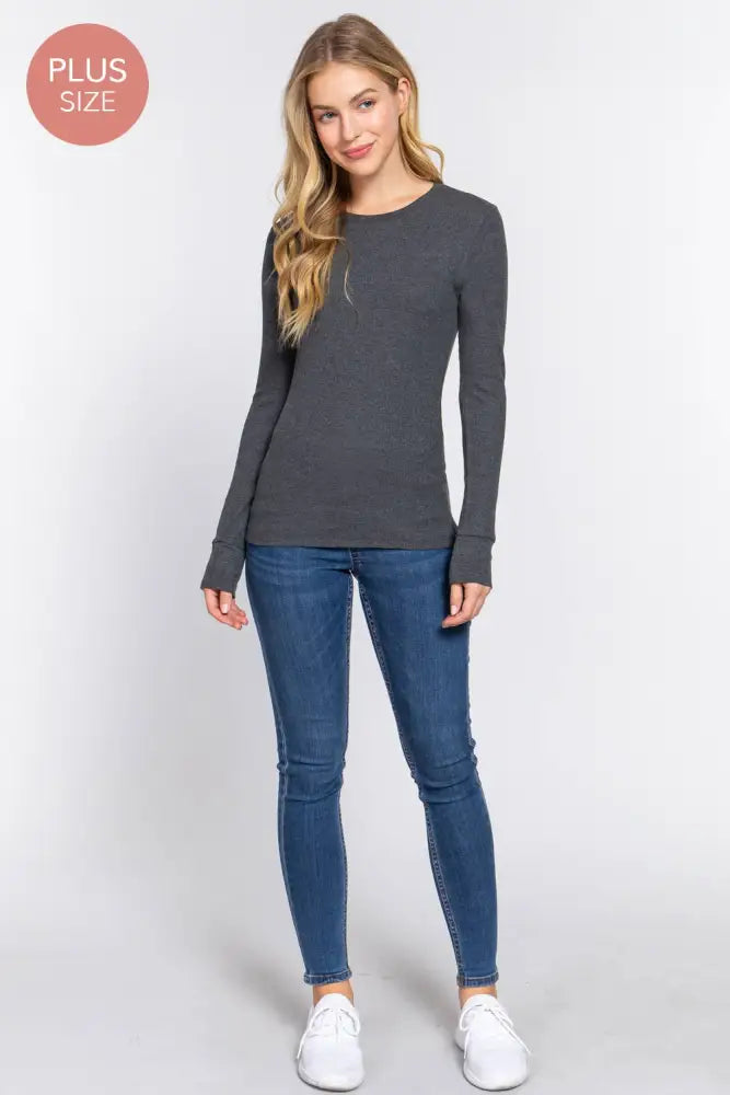 [PLUS SIZE] Long Sleeve Crew Neck Thermal Knit Top Navy - Posh Finds