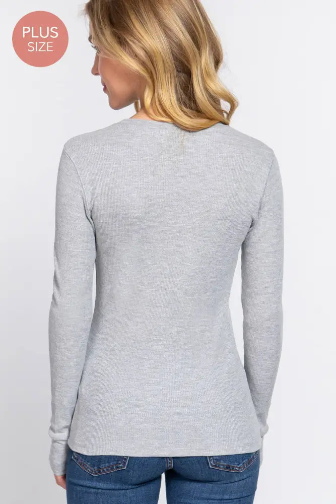 [PLUS SIZE] Long Sleeve Crew Neck Thermal Knit Top Navy - Posh Finds