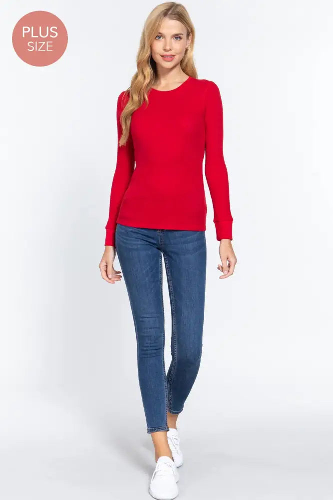 [PLUS SIZE] Long Sleeve Crew Neck Thermal Knit Top Navy - Posh Finds