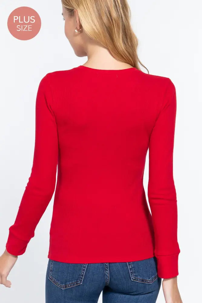 [PLUS SIZE] Long Sleeve Crew Neck Thermal Knit Top Navy - Posh Finds