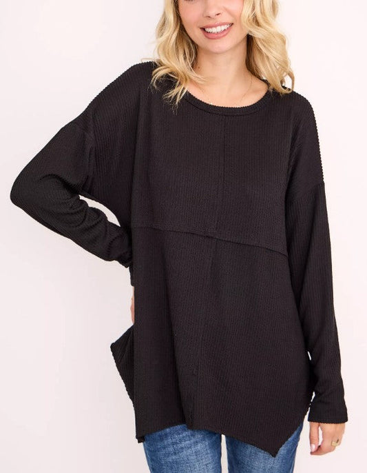 Plus Size Ribbed Long Sleeve Black - Posh Finds
