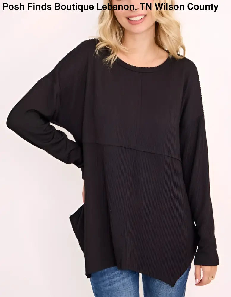 Plus Size Ribbed Long Sleeve Black - Posh Finds