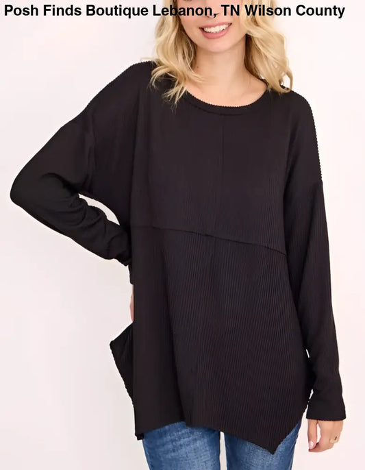 Plus Size Ribbed Long Sleeve Black - Posh Finds