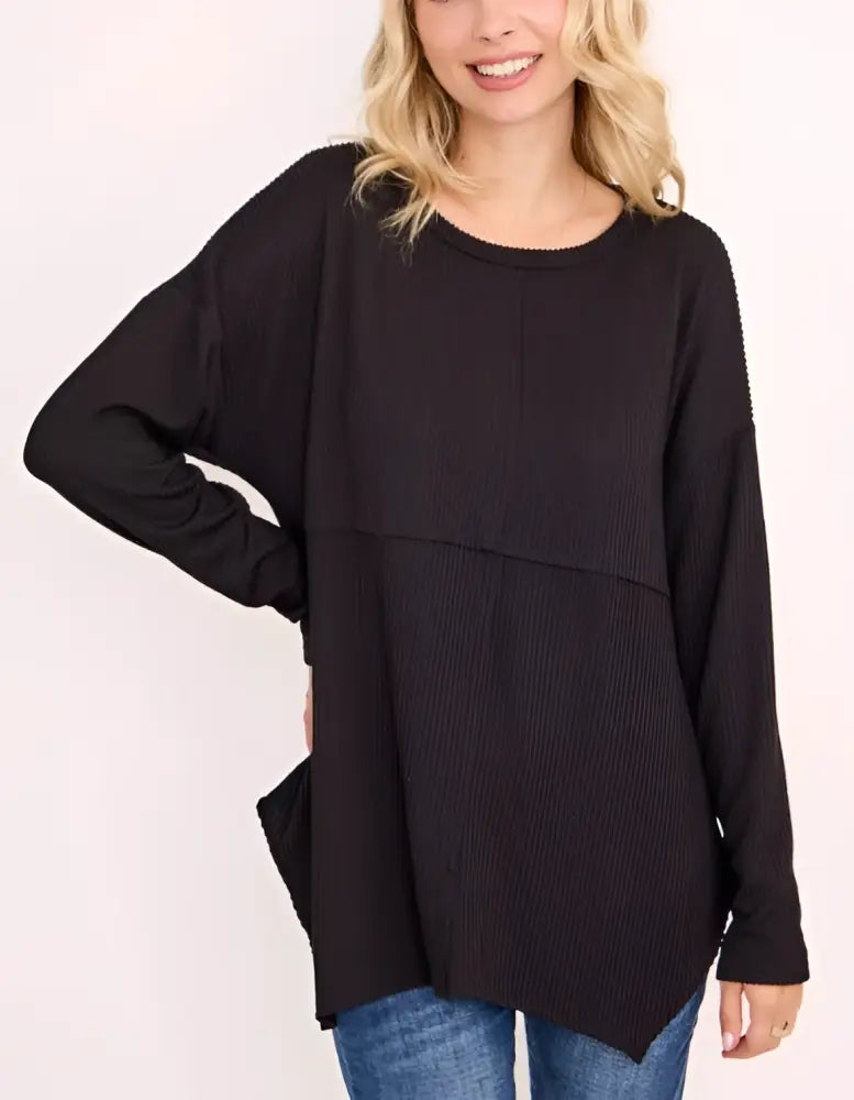 Plus Size Ribbed Long Sleeve Black - Posh Finds